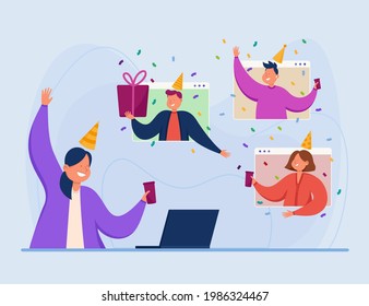 People celebrating birthday online flat vector illustration. Happy friends having video call during quarantine, drinking wine through computer windows. Party, pandemic, online conference concept.