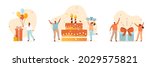 People celebrating birthday party. Characters standing near birthday cake, gifts and holding balloons. Happy birthday concept. Flat cartoon vector illustration and icon set.