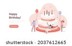 People celebrating birthday party. Characters standing near birthday cake and holding balloons. Happy birthday concept. Flat cartoon vector illustration.