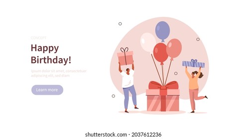 People celebrating birthday party. Characters standing near birthday gift box and balloons. Happy birthday concept. Flat cartoon vector illustration and icon set.
