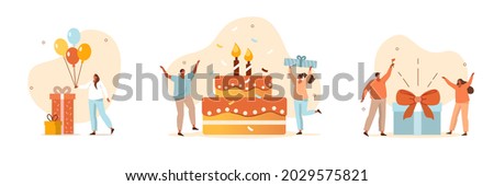 People celebrating birthday party. Characters standing near birthday cake, gifts and holding balloons. Happy birthday concept. Flat cartoon vector illustration and icon set.