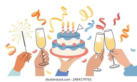 People celebrating birthday party. Hands with alcohol and cake.