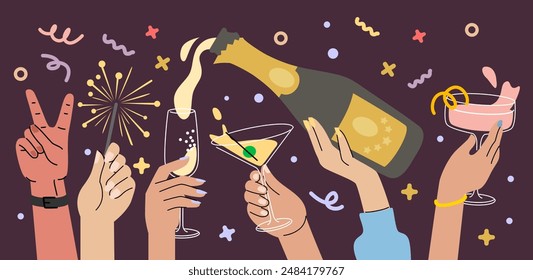 People celebrating birthday party. Hands with alcohol for celebration.