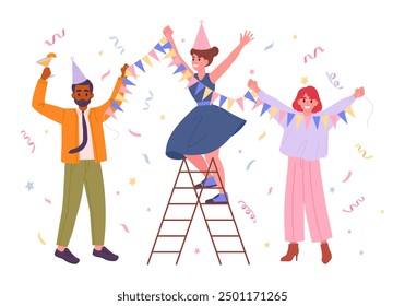 Personas celebrando fiesta de cumpleaños. Personajes masculinos y femeninos felices ensartando la Ilustración vectorial plana de la decoración de la guirnalda. Concepto de celebración de fiesta de cumpleaños