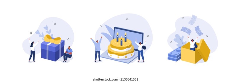 People celebrating birthday party illustration set. Characters standing near birthday cake, receiving gifts and money presents. Happy birthday concept. Vector illustration.
