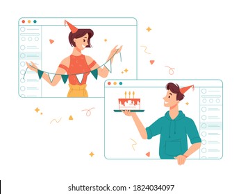 People celebrating birthday party online during quarantine, congratulating girl with special day in internet. Man and woman with celebratory flags and cake with candle. Video call of friends vector