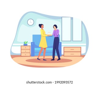 People celebrating birthday party. Surprise for a friend's birthday, Young woman characters at home. Woman carrying birthday cake and celebrating, Vector illustration in a flat style