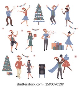 People celebrating christmas cartoon characters set. Young men and women in festive santa hats flat vector illustrations pack. Friends and couples dancing and sharing presents. New year party