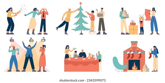 People celebrating Christmas. Cartoon happy families preparing to New Year. Happy children decorate tree. Festive dinner and party. Funny persons disco dancing. Xmas