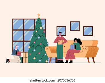 people celebrating christmas characters scene