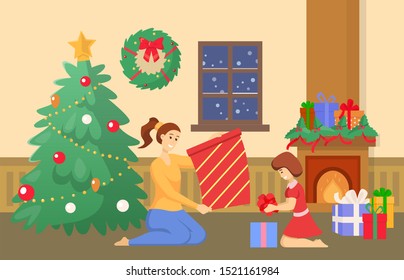 People celebrating Christmas at home vector. Mother and daughter in room unpacking presents for winter holidays. Pine tree with baubles and star, wreath on wall. Fireplace with boxes and mistletoe