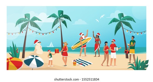 People celebrating Christmas on summer in the southern emisphere, they are partying on the beach and exchanging gifts