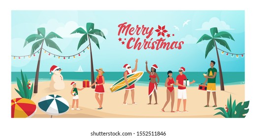 People celebrating Christmas on summer in the southern emisphere, they are partying on the beach and exchanging gifts