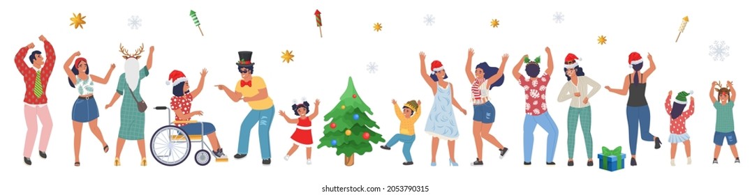 People celebrating Christmas party, flat vector isolated illustration. Family characters adults and kids, colleagues, friends dancing and having fun. Winter holidays celebration.