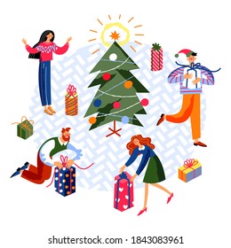 People celebrating Christmas at party. Happy holiday celebration vector illustration. Festive party at home, men and women giving and receiving presents. Xmas night in winter.