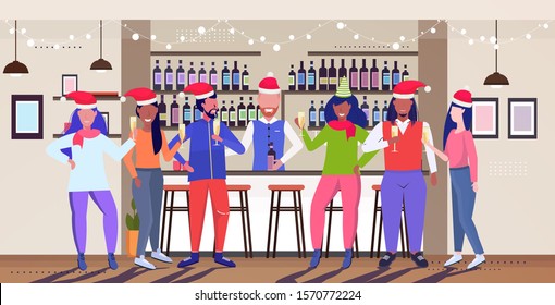 people celebrating christmas party mix race cafe visitors in santa hats having fun xmas new year winter holidays concept modern restaurant interior full length horizontal vector illustration