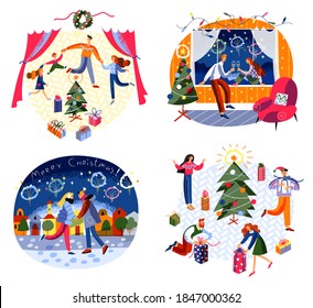 People celebrating Christmas set. Happy holiday celebration vector illustration. Festive party at home, romantic couple, outside with fireworks, giving presents. Xmas night in winter.