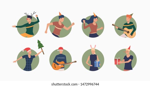 People celebrating Christmas set. Men and women in festive hats playing guitar and giving gifts. Holiday concept. Vector illustration can be used for topics like celebration, office party, new year