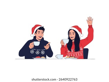 People celebrating Christmas, wearing Santa hats and sweaters