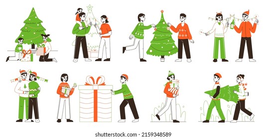 People celebrating Christmas, winter friends and family holidays. Characters give presents and decorating xmas tree vector illustration set. Christmas holiday celebration collection