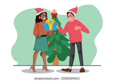 people celebrating Christmas, woman giving a gift to a friend or boyfriend. vector illustration.