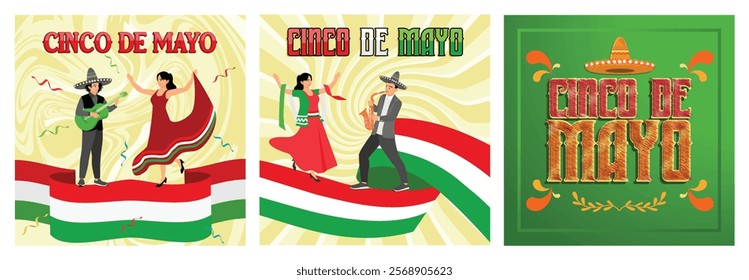 People celebrating of Cinco de Mayo. Mexican holiday with female dancers and mariachi musicians. Federal holidays in Mexico. Cinco de Mayo concept. Set flat vector illustration.