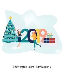 People celebrating. Cool vector in flat cartoon style. Corporate party. Character design on New Year party with female characters having fun and having a toast. Christmas tree and gift boxes. 2019