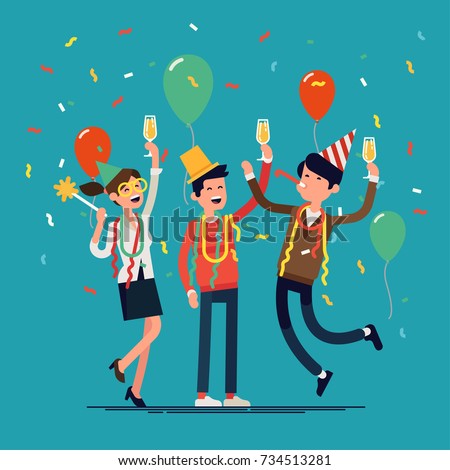 People celebrating. Cool vector flat character design on New Year or Birthday party with male and female characters having fun and having a toast
