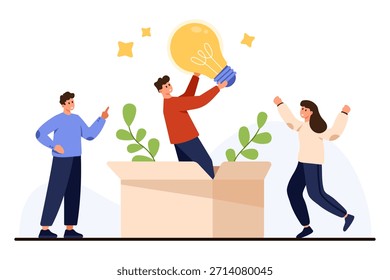 Pessoas celebrando ideia criativa com lâmpada emergindo de caixa trabalho em equipe inovação brainstorming conceito de sucesso em branco isolado fundo vetor ilustração