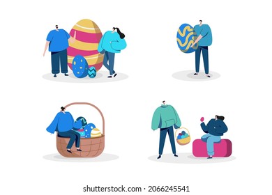 People celebrating easter, carrying egg, colorful egg on basket, easter eggs in basket carry by people illustration