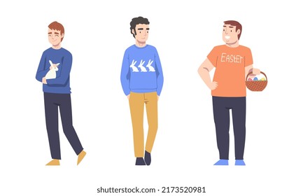 People celebrating Easter set. Young men carrying Easter eggs and white bunny cartoon vector illustration