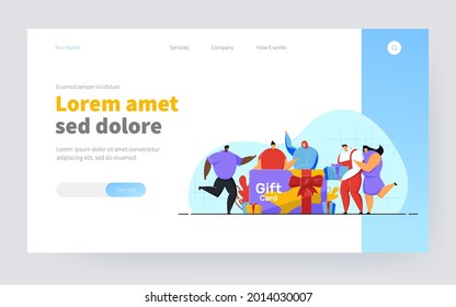 Gente celebrando el evento, dando y recibiendo regalos. Pequeños clientes con tarjeta de regalo, certificado de dinero, vale, cupón. Ilustración vectorial para la compra, ganadora de premios, concepto de marketing