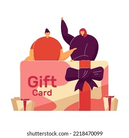 People celebrating event. Tiny customers holding gift card, money certificate, voucher, coupon. Vector illustration for shopping, prize winning, marketing concept