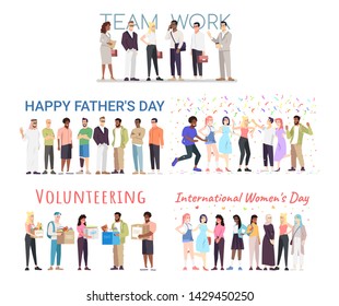 People celebrating events vector banners templates set. International women, fathers day postcard design layout. Volunteering, charity organization poster concept. Teamwork and cooperation 