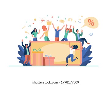 People celebrating with gift card voucher isolated flat vector illustration. Cartoon happy customers winning abstract prize, certificate or discount coupon. Creative strategy camp and money concept