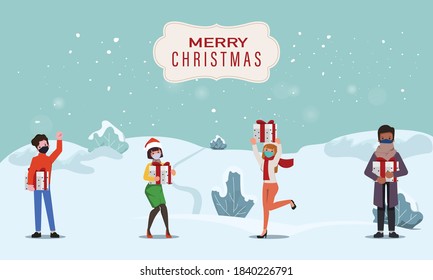 People celebrating gifts in Merry Christmas and happy new year.