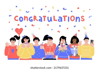 People celebrating Happy Birthday. Design with lettering quote Congratulations and young people in festive hats with birthday cake, gift, confetti. For greeting cards, party design, social media.