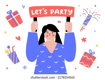 People celebrating Happy Birthday party concept with young woman holding sign with Lets Party quote and gift box, cocktail, confetti around. Design for greeting cards, party invitation, social media.