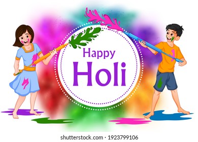 People celebrating Happy Holi festival of colors background for Indian holiday. Vector illustration