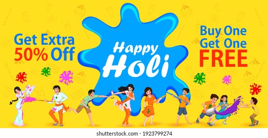 People celebrating Happy Holi festival of colors background for Indian holiday. Vector illustration