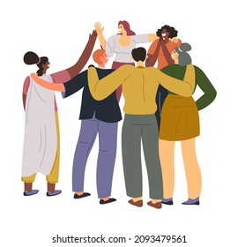 People celebrating and having fun, teamwork or bonding of group. Happy crowd, workers or students enjoying party or special occasion. Jumping and smiling teenagers or adults. Vector in flat style