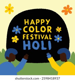 People celebrating the holi festival in Barcelona.Indian Friends Dancing Covered on Holi colorful powder in IndiaColorful Holi Greeting, Festival of colors with Hindi TypographyHappy young beautiful g