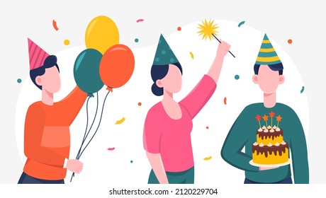 People celebrating holiday. Girls in hats came to visit man with cake. Decorations, confetti. Parties and entertainment with friends. Poster or banner for website. Cartoon flat vector illustration