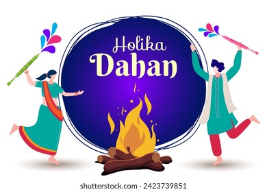 people celebrating holika dahan hindu festival vector