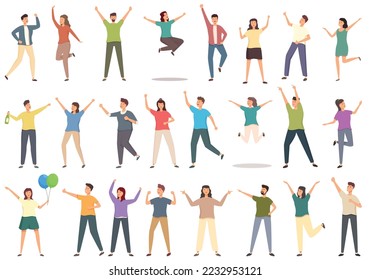 People celebrating icons set cartoon vector. Reward team. Win happy