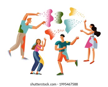 People celebrating Indian colour festival. Young men and women throwing paint at each other vector illustration. Tourism in India, traditional national holiday scene on white background.