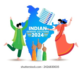 people celebrating Indian elections with inked finger and EVM machine concept vector illustration