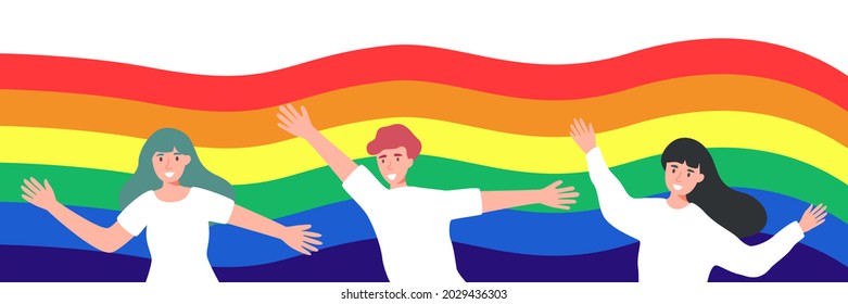 People celebrating lagtq festival. Lgbt rainbow flag. Pride month.