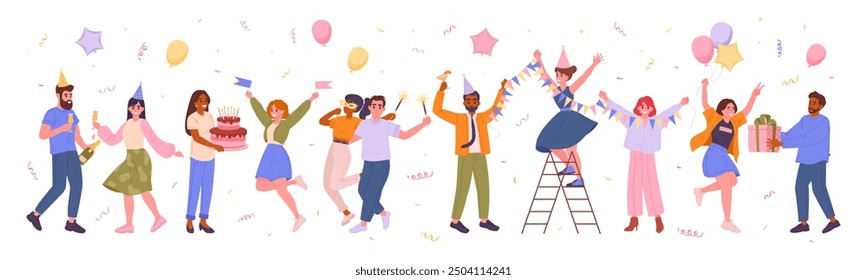 People celebrating. Men and women dancing and having fun together, friends celebration party flat vector illustration. Anniversary or Birthday party celebration on white background