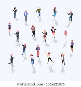 people celebrating merry christmas happy new year winter holidays concept mix race men women wearing santa hats having fun full length vector illustration